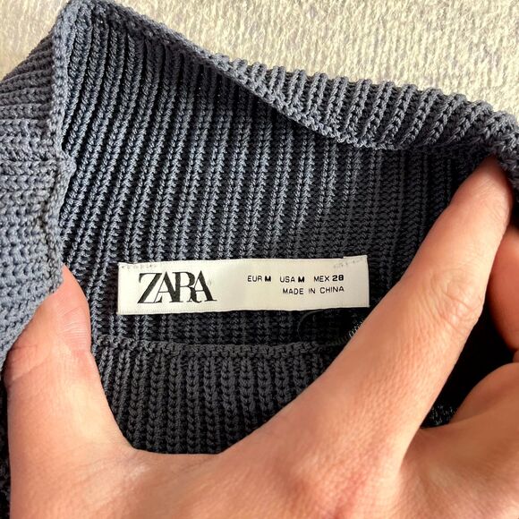 ZARA Mock Neck Ribbed Knit Cropped Sweater‎ Pullover Blue Size Medium - Picture 3 of 8